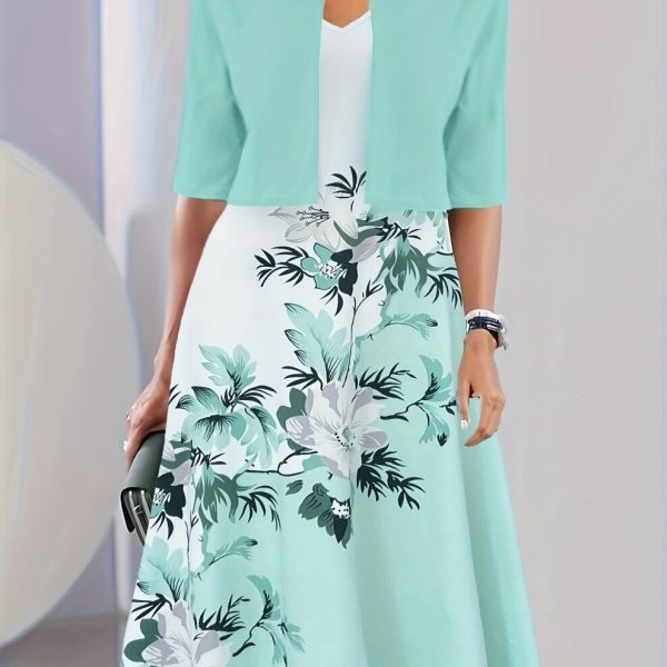 (Pastel Blue, M(6)) Elegant Two-piece Dress Set, Crop Half Sleeve Top & Floral Print Tank Dress Outfits, Women's Clothing