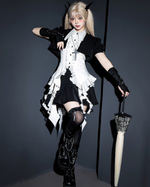 Pastel Gothic Lolita Outfits Black Ruffles Short Sleeves Blouse Overcoat Skirt Sets Romance Gothic