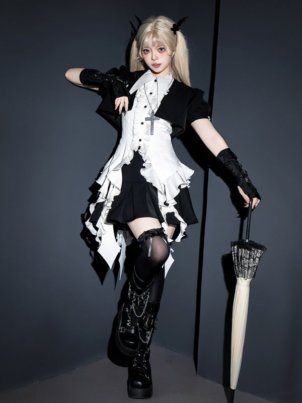 Pastel Gothic Lolita Outfits Black Ruffles Short Sleeves Blouse Overcoat Skirt Sets Romance Gothic