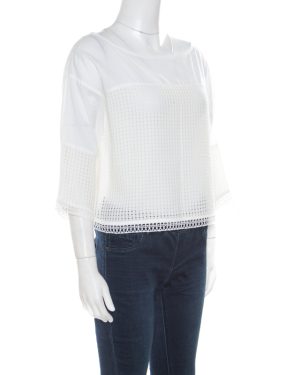 Paul and Joe White Cotton Mesh Panel Detail Cropped Top S