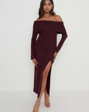 Payton Asymmetric Bardot Knit Dress - Wine, XXL