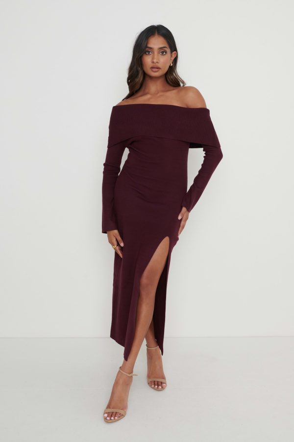 Payton Asymmetric Bardot Knit Dress - Wine, XXL