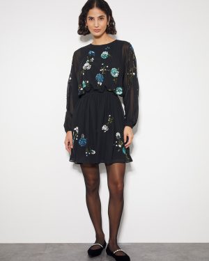 Penelope Embellished Tunic Mini Dress Black