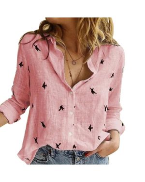 (Pink, 4XL) Casual Long Sleeve Birds Print Loose T Shirts Women Oversized Cotton and Linen Blouses and Tops Vintage Streetwear Tunic Tees