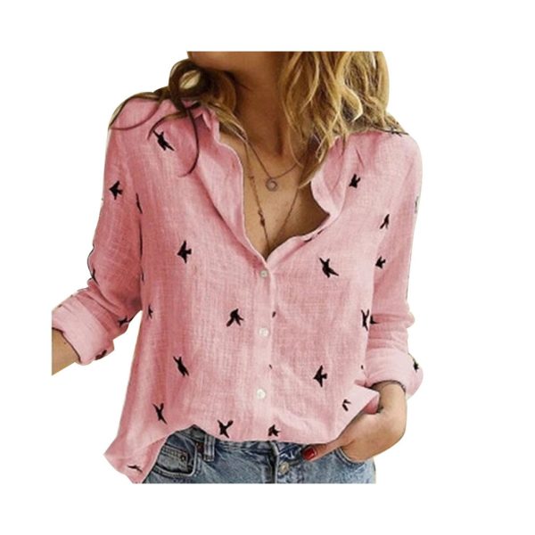 (Pink, 4XL) Casual Long Sleeve Birds Print Loose T Shirts Women Oversized Cotton and Linen Blouses and Tops Vintage Streetwear Tunic Tees