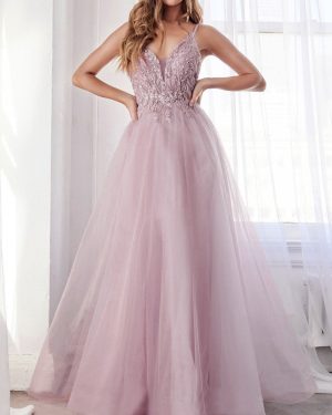 Pink Evening Dress A-Line V-Neck Sleeveless Polyester Floor-Length Lace Formal Party Dresses