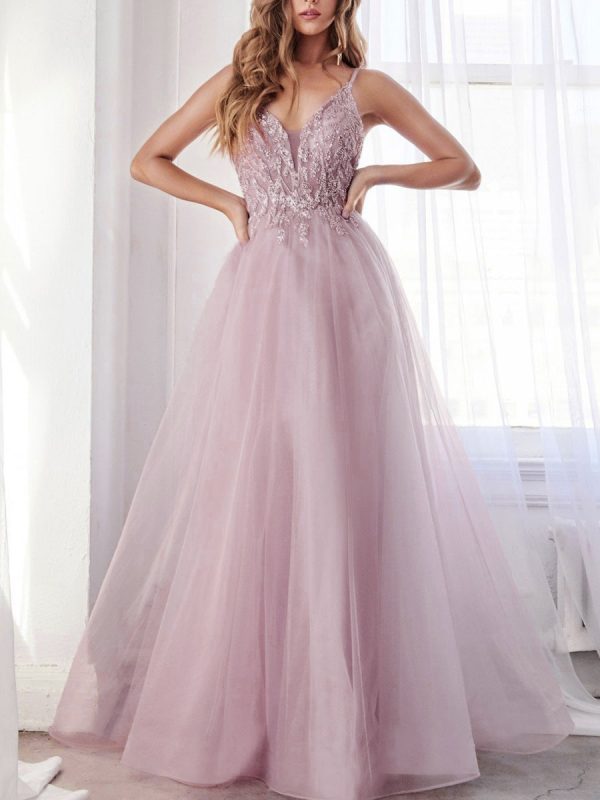Pink Evening Dress A-Line V-Neck Sleeveless Polyester Floor-Length Lace Formal Party Dresses