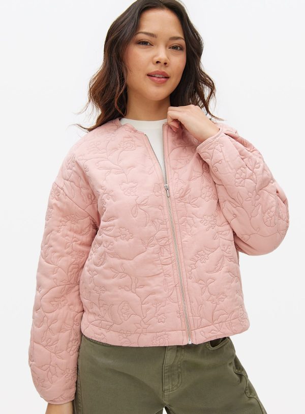 Pink Floral Embroidered Bomber Jacket