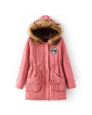 (Pink, L) Thick Faux Fur Lined Parka Coat