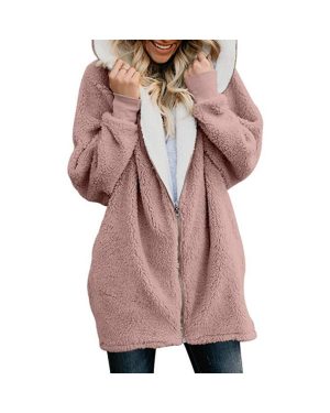 (Pink, L) Women Ladies Warm Teddy Bear Fluffy Coat Hooded Faux Fleece Jacket Outwear