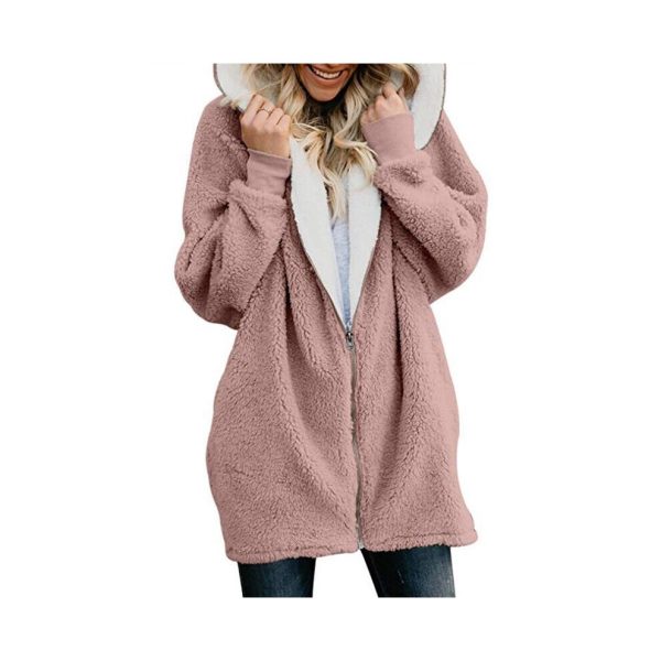 (Pink, L) Women Ladies Warm Teddy Bear Fluffy Coat Hooded Faux Fleece Jacket Outwear