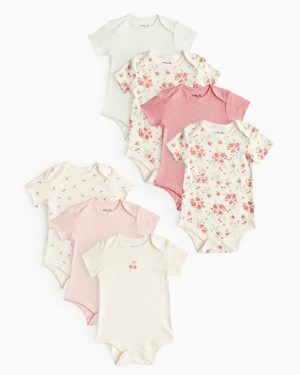 Pink Printed Short Sleeve Bodysuit 7 Pack (Up To 3 Mths) - Tu by Sainsbury's