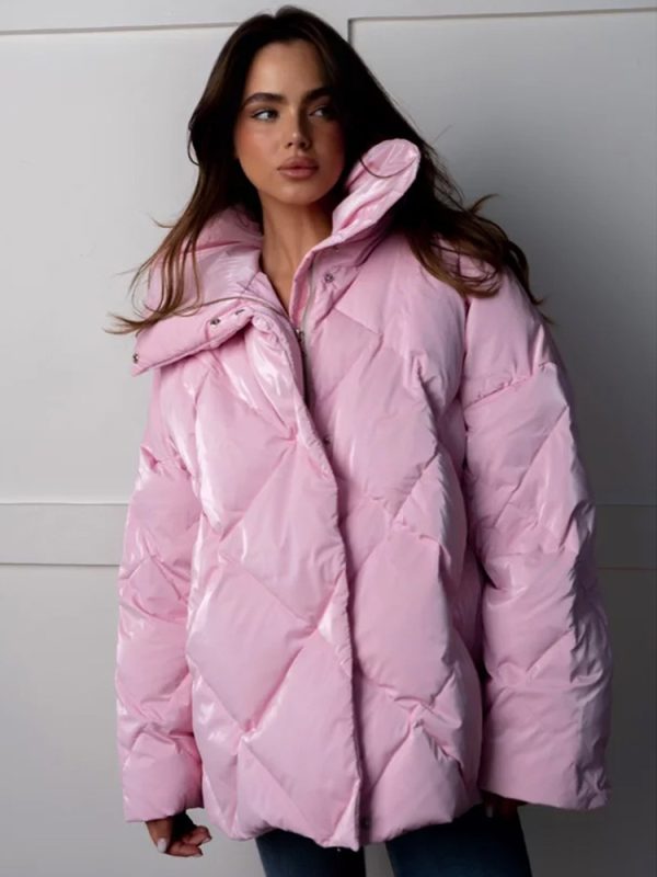 Pink Quilted Puffer Jacket Turndown Collar Oversized Zipper Casual Winter Outerwear For Women 2025