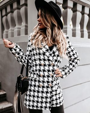 Plaid Coat Padded Shoulder Lapel Double Breast Fall Winter Outerwear
