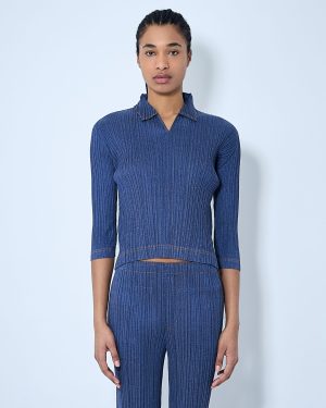 Pleats Please Issey Miyake Pleated Polo Shirt - Woman Tops Blue 5