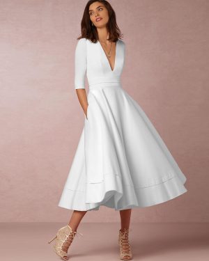 Plunge Midi Dress Half Sleeves Pockets A-Line Prom Dresses In Burgundy