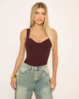 Plunge Neck Corset Bodysuit In Brown, Women's Size UK 4