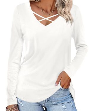 Pluslook Women's Fall Long Sleeve Tunic Tops for Leggings Criss White