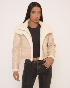 Pocket Detail Faux Shearling Aviator Jacket In Nude, Women's Size UK Small S