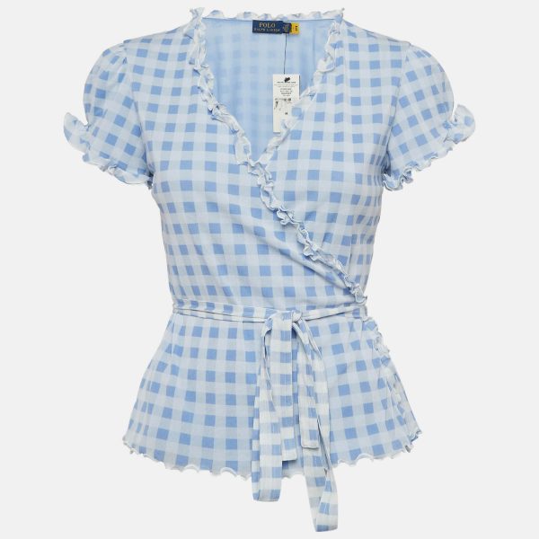 Polo Ralph Lauren Blue Checked Knit Wrap Top M
