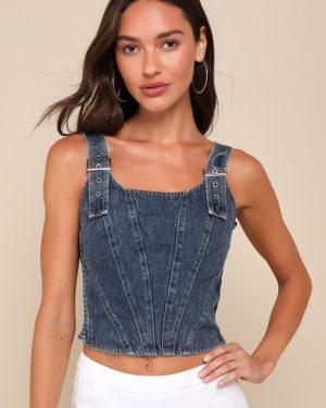 Popular Icon Dark Wash Denim Bustier Crop Top