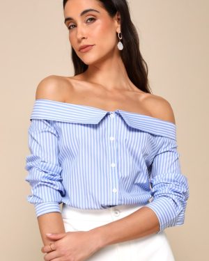 Posh Poise Blue Striped Cotton Off-the-Shoulder Button-Up Top
