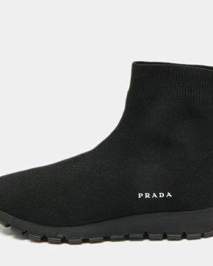 Prada Black Knit Fabric Sock Runner High Top Sneakers Size 35.5
