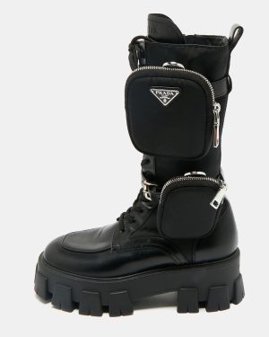 Prada Black Leather and Nylon Monolith Combat Boots Size 37.5