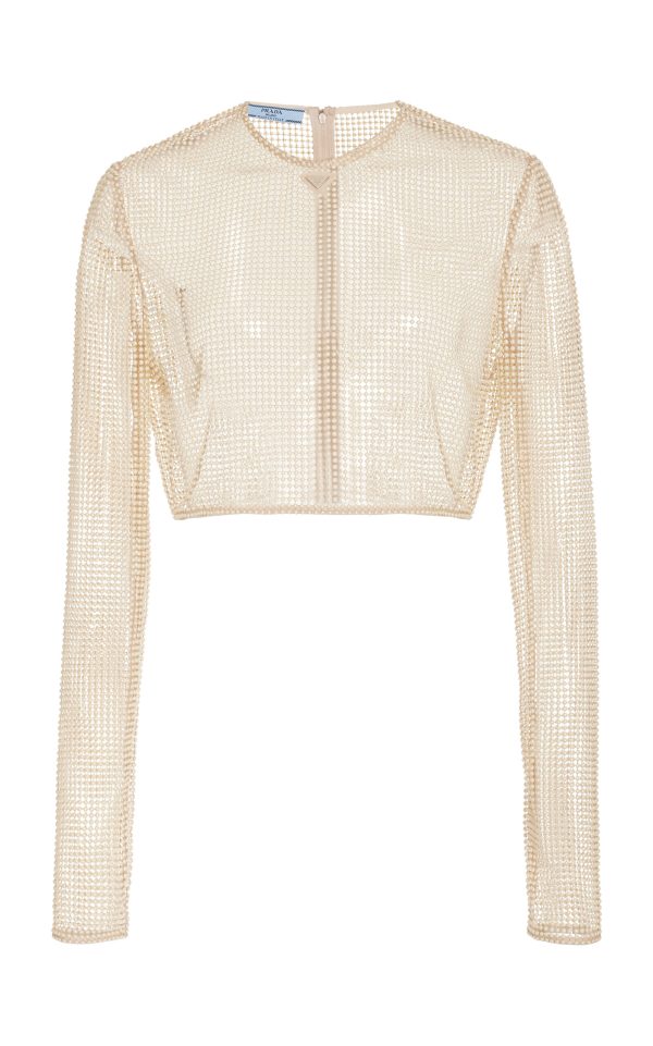 Prada - Pearl-Embroidered Mesh Cropped Top - Neutral - IT 40 - Moda Operandi