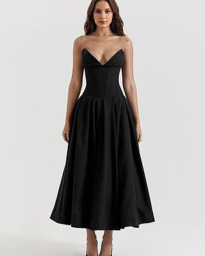 Princeess Line Dress Plunge Bodice Full Circle Skirt Prom Midi Dresses