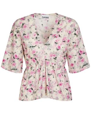 Printed Cotton Peplum V-neck Top