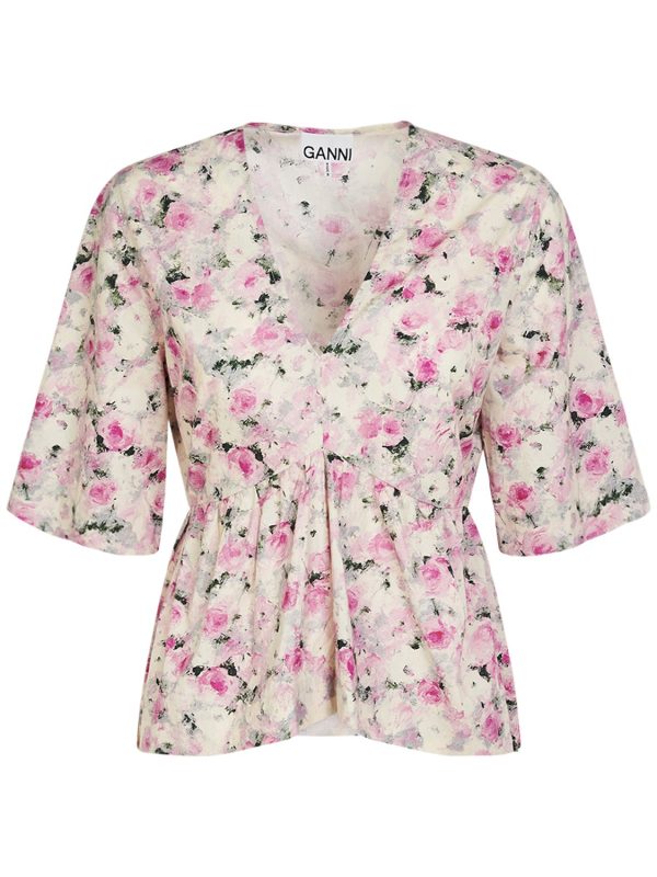 Printed Cotton Peplum V-neck Top