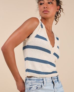 Prisha Cream and Blue Striped V-Neck Sweater Tank Top