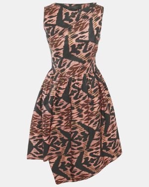 Proenza Schouler Black Printed Synthetic Asymmetric Midi Dress S