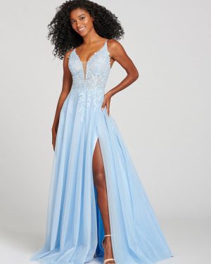 Prom Dress Light Blue Polyester V-Neck Ball Gown Sleeveless Backless Applique Party Dresses