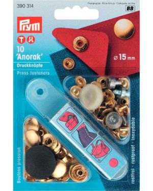 Prym 15 mm Anorak Non-Sew Fasteners, Pack of 10, Gold