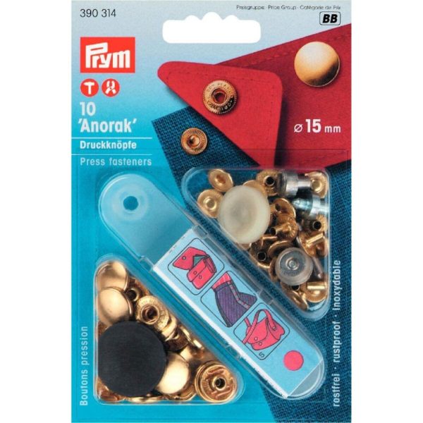 Prym 15 mm Anorak Non-Sew Fasteners, Pack of 10, Gold