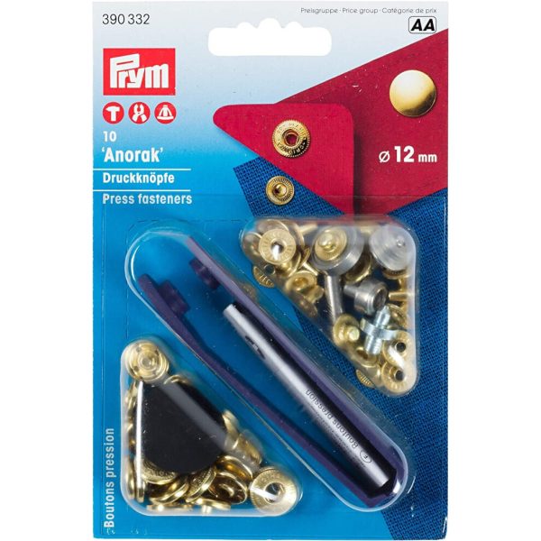 Prym 390332 Non-sew fasteners ANORAK brass 12 mm gold col