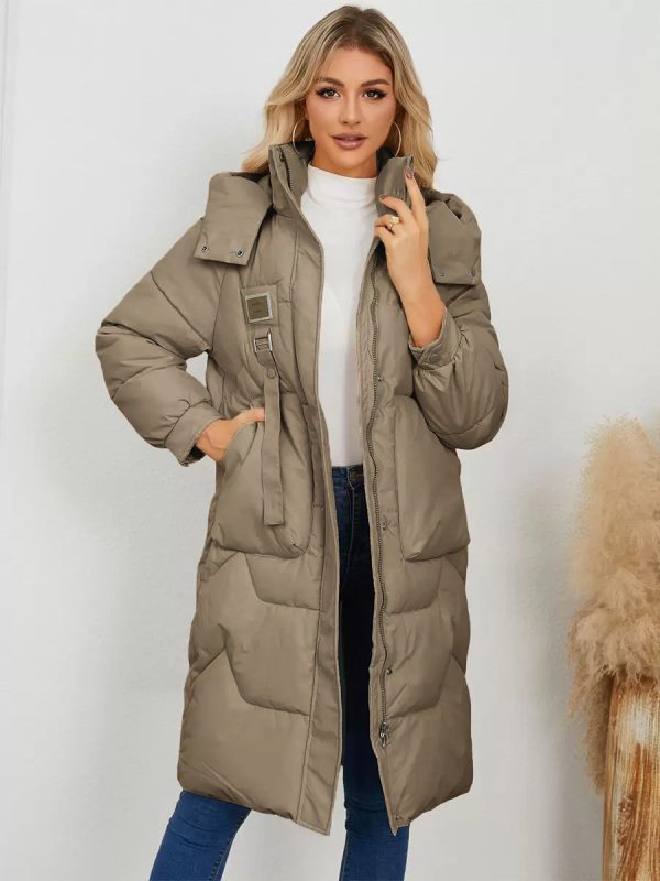 Puffer Coats Apricot Stand Collar Buttons Lace-up Long Sleeves Outerwear