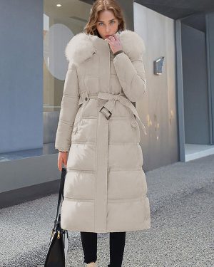 Puffer Coats For Women White Stand Collar Faux Fur Long Sleeves Long Winter Outerwear Cozy Active Outerwear