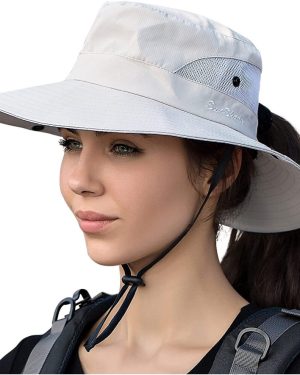 (Pure Beige) Womens Summer Sun Hat Beach Hats Wide Brim Outdoor Uv Protection Hat Foldable Ponytail Bucket Cap