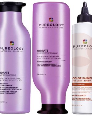Pureology - Bundles Trio: Moisturising Shampoo 266ml, Conditioner 266ml & Color Fanatic Top Coat + Tone Glaze Copper 200ml for Women, sulphate-free