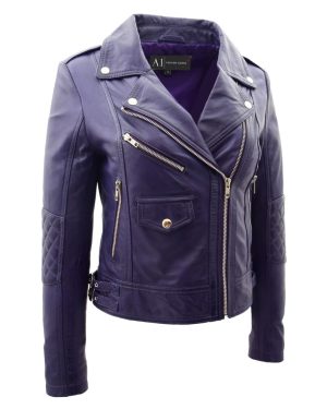 (Purple, 8) Womens Leather Biker Jacket Purple Trendy Slim Fit Designer Ayla