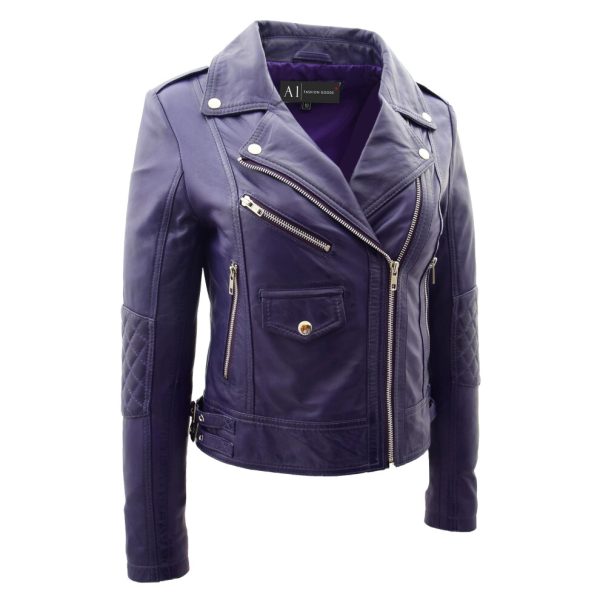 (Purple, 8) Womens Leather Biker Jacket Purple Trendy Slim Fit Designer Ayla