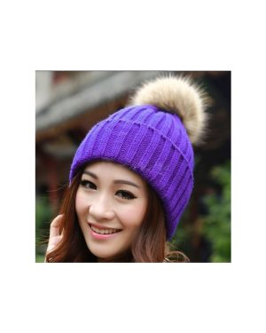 (Purple) Fur Pompom Hat Knitted Winter Warm Woolly Pom Pom Beanie