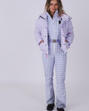 Purple Houndstooth Chic Womens Puffer Jacket -