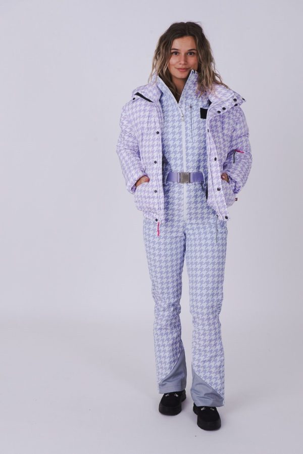 Purple Houndstooth Chic Womens Puffer Jacket -