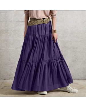 (Purple, S) Women Pleated Skirt Maxi Vintage Casual Loose Ruffle Long Swing Dress Plus Size