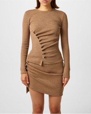 RABANNE Asymmetric Ruched Button Knit Top - Beige
