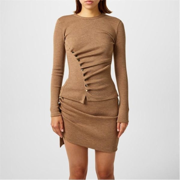 RABANNE Asymmetric Ruched Button Knit Top - Beige